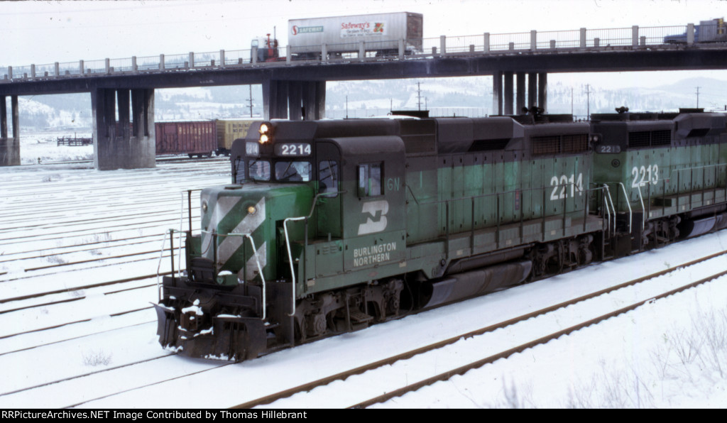 BN GP30 2214 with 2213 at HIllyard WA 12-27-73